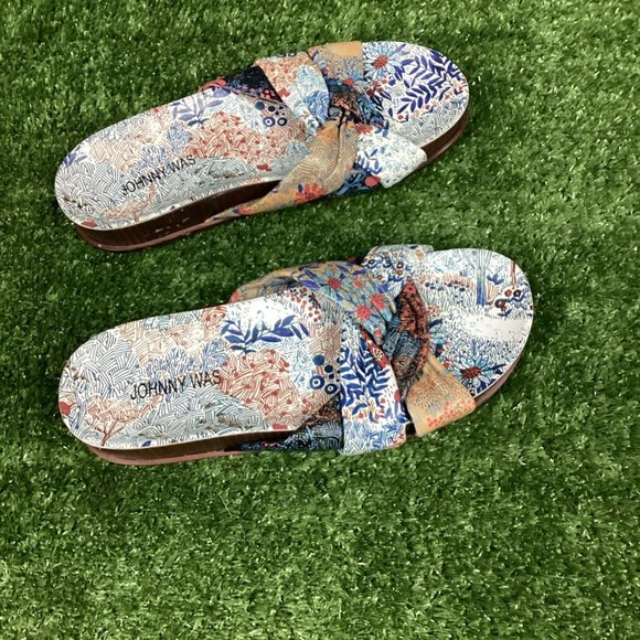 Johnny Was Sandals Leather Sunny Garden Twist Slip On Floral Blue - Picture 6 of 13